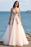 Floral Blush Spaghetti Straps A Line Tulle Long Wedding Dress