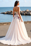 Floral Blush Spaghetti Straps A Line Tulle Long Wedding Dress