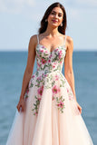 Floral Blush Spaghetti Straps A Line Tulle Long Wedding Dress