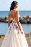 Floral Blush Spaghetti Straps A Line Tulle Long Wedding Dress