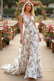 Floral White V Neck A Line Long Wedding Dress