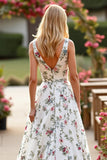 Floral White V Neck A Line Long Wedding Dress