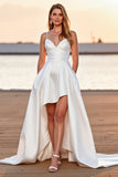 White Spaghetti Straps Satin A Line High Low Wedding Dress