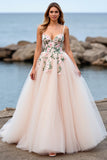 Tulle Blush Floral Spaghetti Straps A Line Long Wedding Dress