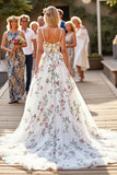 White Floral Spaghetti Straps A Line Long Wedding Dress