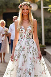 White Floral Spaghetti Straps A Line Long Wedding Dress