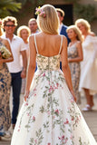 White Floral Spaghetti Straps A Line Long Wedding Dress
