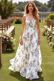 Floral Spaghetti Straps White A Line Long Wedding Dress