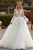 White Long Sleeves A Line Wedding Dress With Appliques