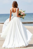 White A Line Square Neck Long Wedding Dress