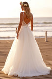 White Spaghetti Straps Tulle A Line Long Wedding Dress With Appliques