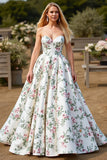 Floral Strapless White A Line Long Wedding Dress