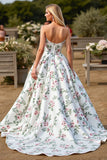 Floral Strapless White A Line Long Wedding Dress