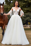 White Tulle A Line Long Wedding Dress With Appliques