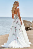 White Spaghetti Straps A Line Long Wedding Dress With Appliques