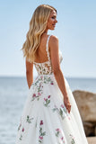 White Spaghetti Straps A Line Long Wedding Dress With Appliques