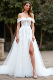 White Off The Shoulder A Line Long Wedding Dress With Slit