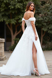 White Off The Shoulder A Line Long Wedding Dress With Slit