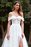 White Off The Shoulder A Line Long Wedding Dress With Slit