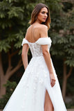 White Off The Shoulder A Line Long Wedding Dress With Slit