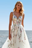 White Floral Tulle Spaghetti Straps A Line Long Wedding Dress