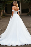 White Tulle Off The Shoulder A Line Long Wedding Dress With Slit