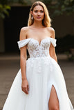 White Tulle Off The Shoulder A Line Long Wedding Dress With Slit