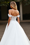 White Tulle Off The Shoulder A Line Long Wedding Dress With Slit