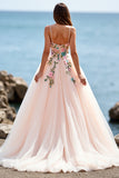 Floral Spaghetti Straps Blush Tulle A Line Long Wedding Dress