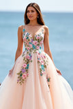 Floral Spaghetti Straps Blush Tulle A Line Long Wedding Dress