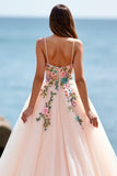 Floral Spaghetti Straps Blush Tulle A Line Long Wedding Dress
