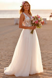 Tulle White Spaghetti Straps A Line Long Wedding Dress With Appliques