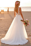 Tulle White Spaghetti Straps A Line Long Wedding Dress With Appliques