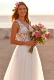 Tulle White Spaghetti Straps A Line Long Wedding Dress With Appliques