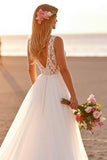Tulle White Spaghetti Straps A Line Long Wedding Dress With Appliques