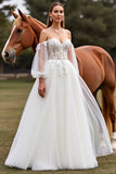 Off The Shoulder White Tulle A Line Long Wedding Dress With Appliques