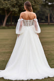 Off The Shoulder White Tulle A Line Long Wedding Dress With Appliques