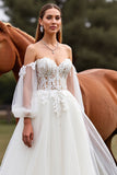 Off The Shoulder White Tulle A Line Long Wedding Dress With Appliques