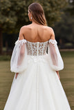 Off The Shoulder White Tulle A Line Long Wedding Dress With Appliques