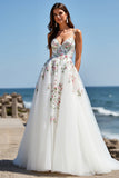 Spaghetti Straps White Tulle A Line Long Wedding Dress With Flowers