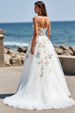 Spaghetti Straps White Tulle A Line Long Wedding Dress With Flowers