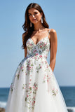 Spaghetti Straps White Tulle A Line Long Wedding Dress With Flowers