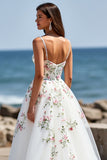 Spaghetti Straps White Tulle A Line Long Wedding Dress With Flowers