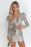 Bodycon Silver Long Sleeve Homecoming Dress with Sequins