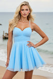 Light Blue A Line Spaghetti Straps Ruched Short Homecoming Dress