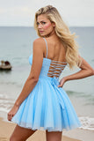 Light Blue A Line Spaghetti Straps Ruched Short Homecoming Dress