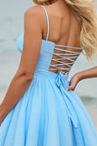 Light Blue A Line Spaghetti Straps Ruched Short Homecoming Dress