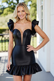 Black Cap Sleeves Ruffled Tight Homecoming Dress