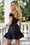 Black Cap Sleeves Ruffled Tight Homecoming Dress