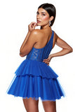 Sparkly Royal Blue Beaded A Line Corset Tulle One shoulder Short Homecoming Dress